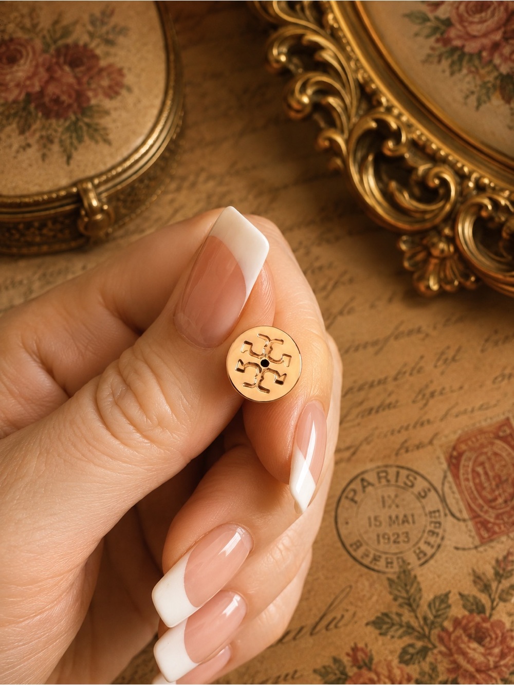 TORY BURCH • Rose Gold Crystal Logo Earrings - Picture 5 of 9